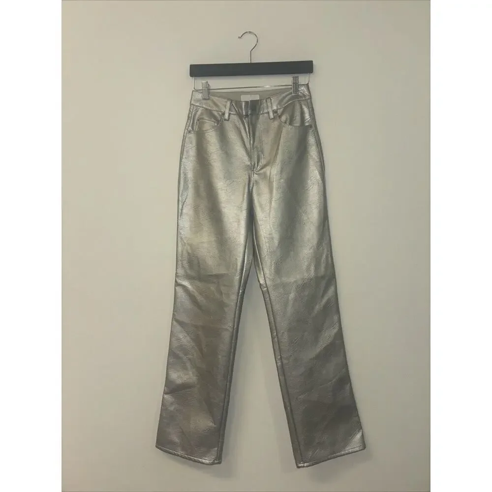 Metallic Leather Pants Women’s Silver Sz 4 H&M Reputation Swiftie Cybercore Rock
